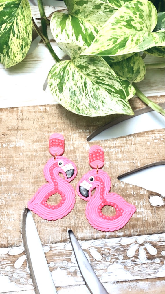 Fun Pop Trimmed Flamingo Floaty Statement Earrings Pink Hot Pink White Glitter Black  Gold hoops  Made to order