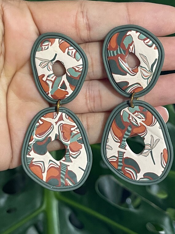 Fall Tropicals collection Jungle leaf Statement Earrings Clay Jewelry Organic Art Bobo chic concrete