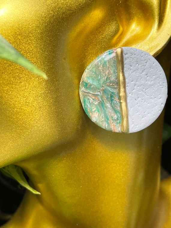 Concrete Marble Dream Faux Stone Collection medium pebble stud Statement Earrings Clay Lightweight Unique Teal green Gold Translucent Quarts