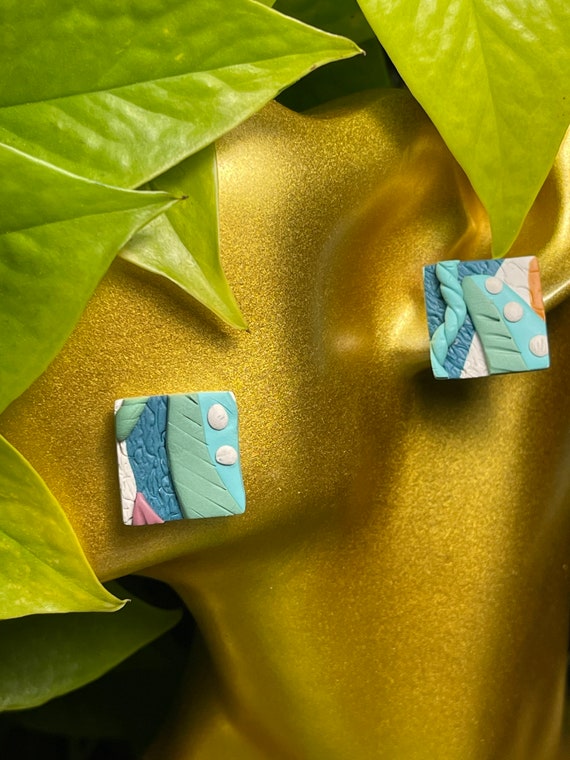 Tropical Abstract Stud Print Collection Statement Earrings Clay Jewelry cream ecru sage orange aqua pink teal stud mini Color blocked