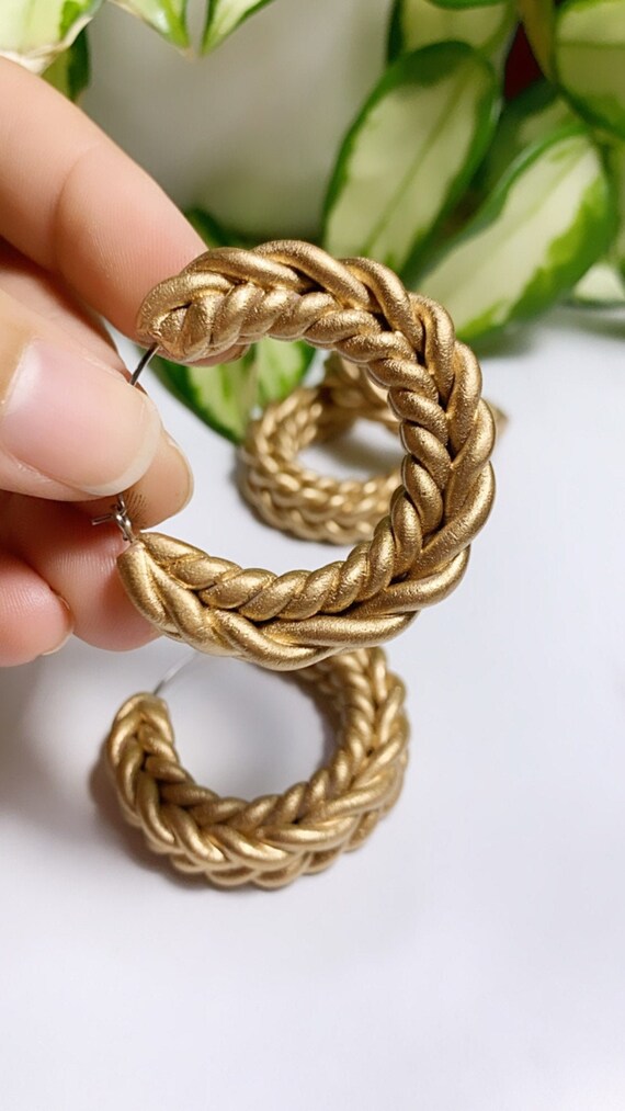 Rope Braid hoops large Statement Gold Earrings Clay hoops  knit crochet