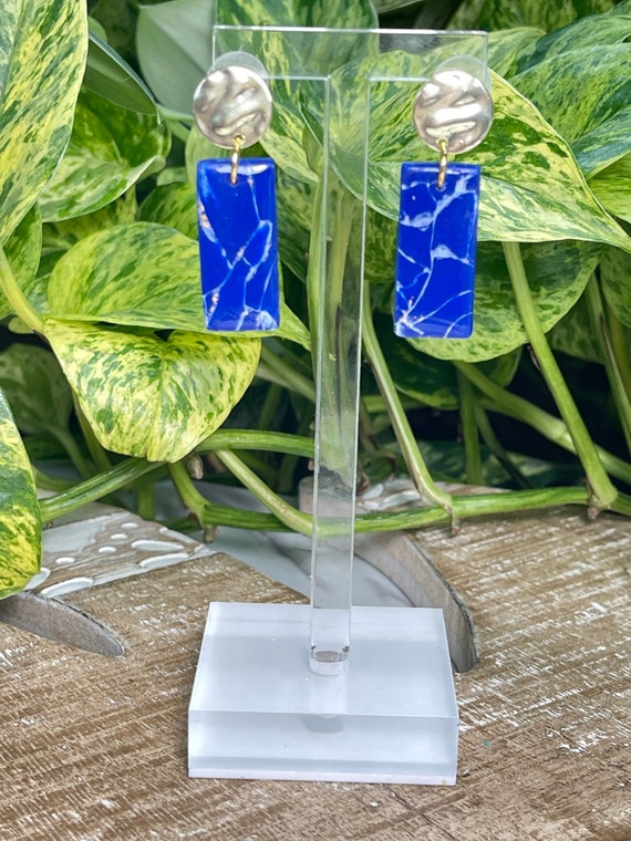 Lapis Lazuli Dream Collection Oversized Bar gold Statement Earrings Clay Jewelry Lightweight Faux Gemstone