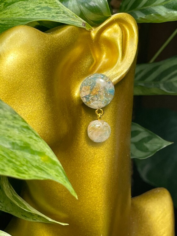 Complexed Simplicity Collection Faux Stone Statement Earrings Small Clay Jewelry Mint Teal Aqua Sea Foam Gold Clay Beads