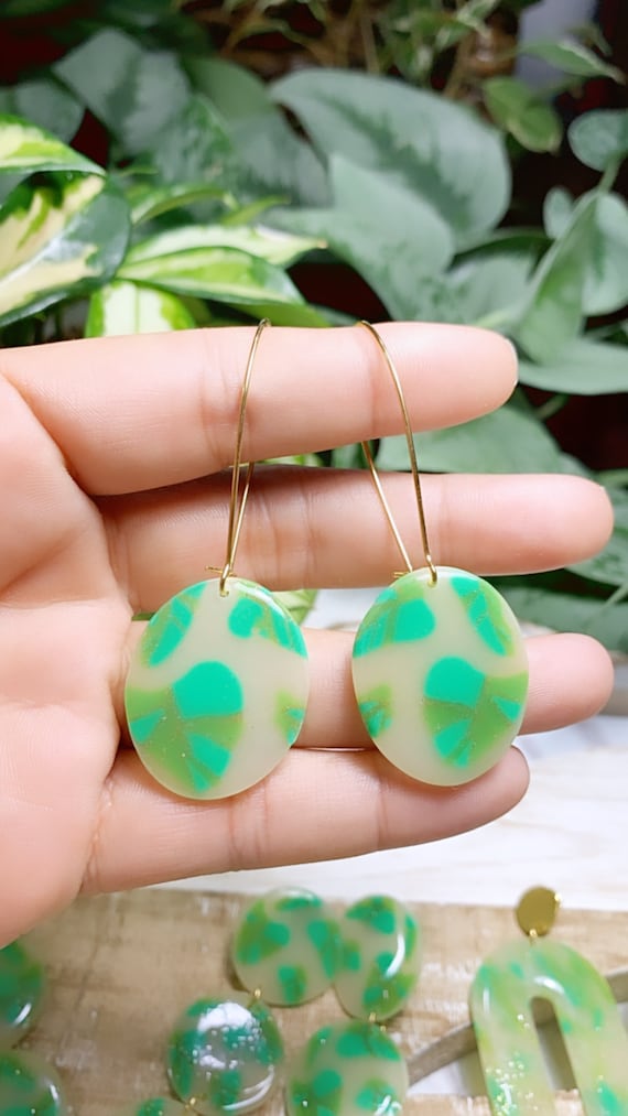 Monstera Painted Glass Statement Earrings Green Translucent Resin Coated
