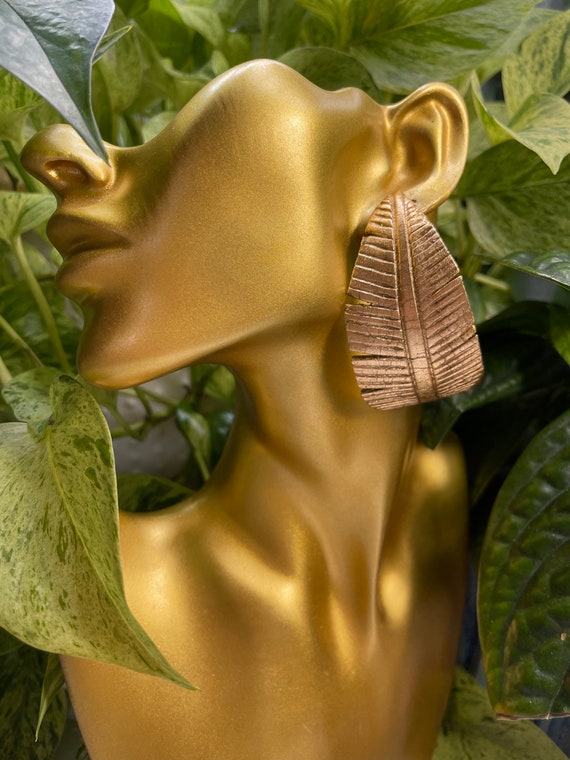 Banana Leaf Hoop slim large Statement Gold Earrings Clay hoops Tropical
