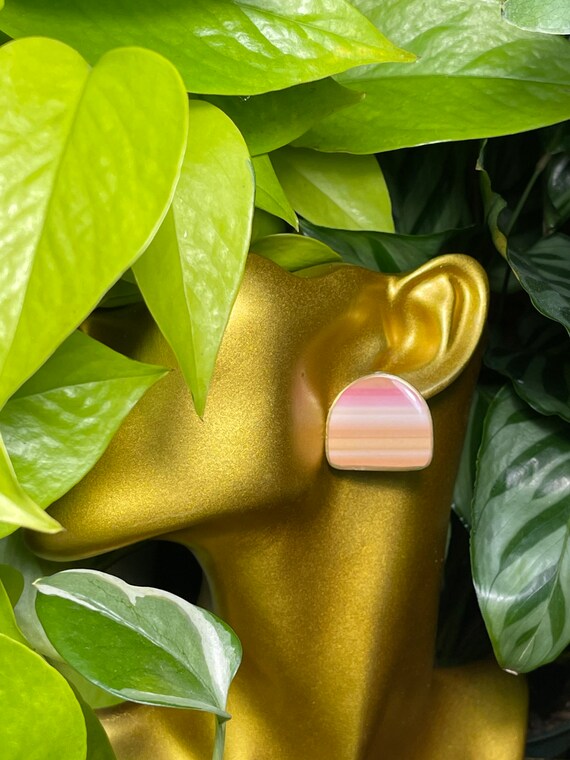 Spring Stripes Medium Studs Resin Coated Statement Earrings Clay Jewelry Lightweight Unique Vintage Look