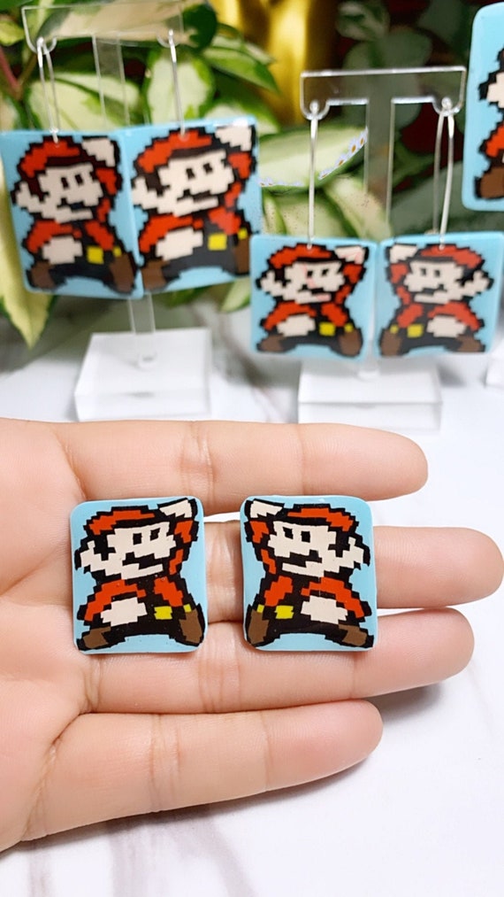 Super Mario Inspired Statement Earrings 8 bit Gamer Retro Polymer Clay Resin dangle Hoops Super Size Medium Studs