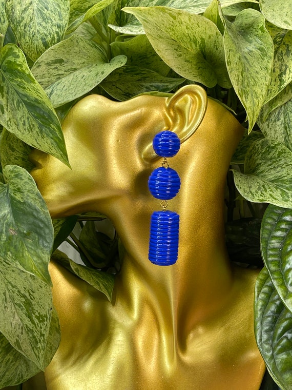 Neon Electric Blue Dots  Statement Hand painted Gold Earrings Clay handcrafted Wrapped Tropical Dangles