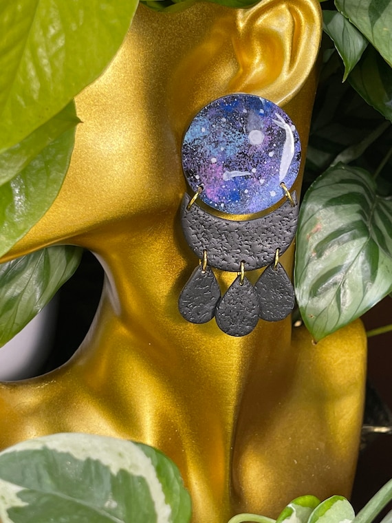Luna Moon And Stars Galaxy Collection Statement Black blue pink purple white Earrings Clay Jewelry