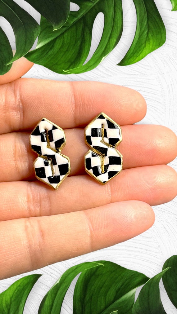 Super S Fun House Studs Statement Earrings Black white gold cool s 90s pointy s small checkered