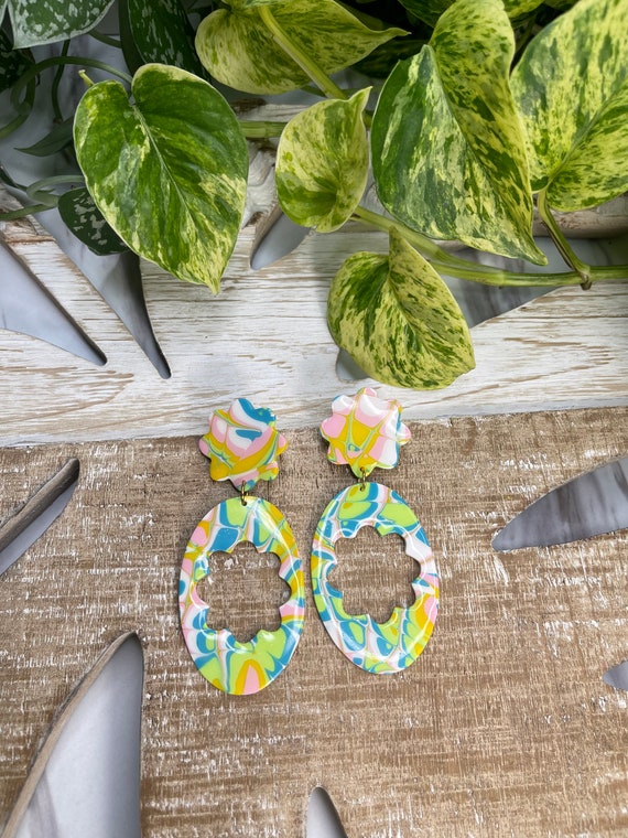 Flower Child Summer Collection Limited Edition 70s Vibes Statement Earrings Clay Jewelry Lightweight Unique Tie Dye BLUE and White