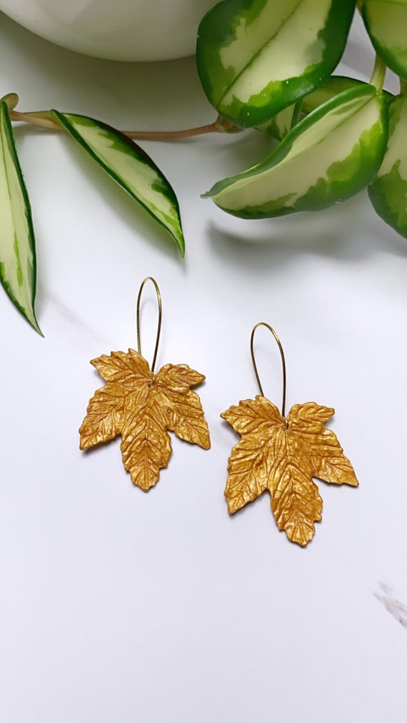 Autumn Maple Leaf in Gold Foil Statement Earrings Fall Leaves Clay hoops hooks clip ons