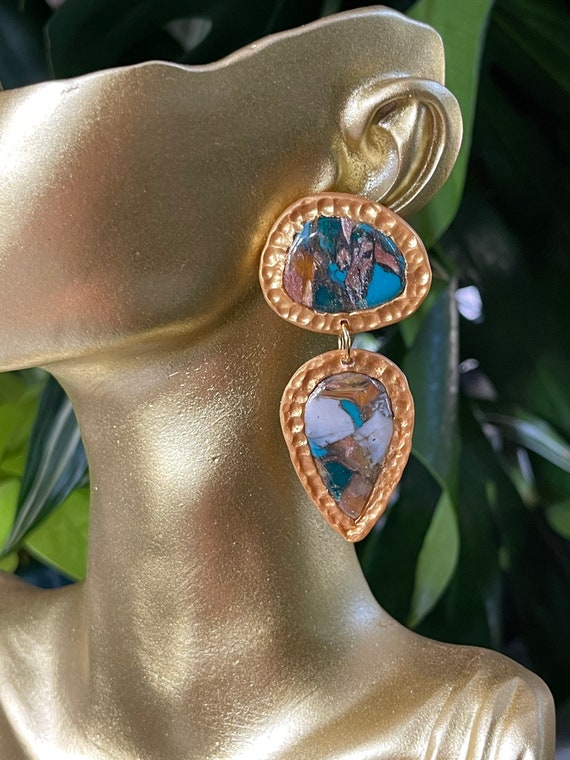 Fall Tropicals collection oyster turquoise Statement Earrings Clay Jewelry Organic Art Bobo chic concrete
