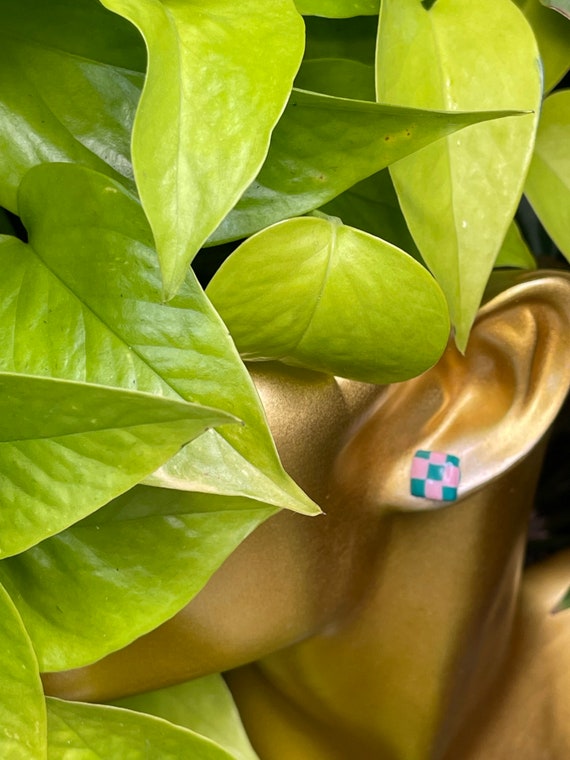 Tropical Abstract Checkerboard studs Print Collection Statement Earrings Clay Jewelry cream ecru olive pink teal mini Color blocked