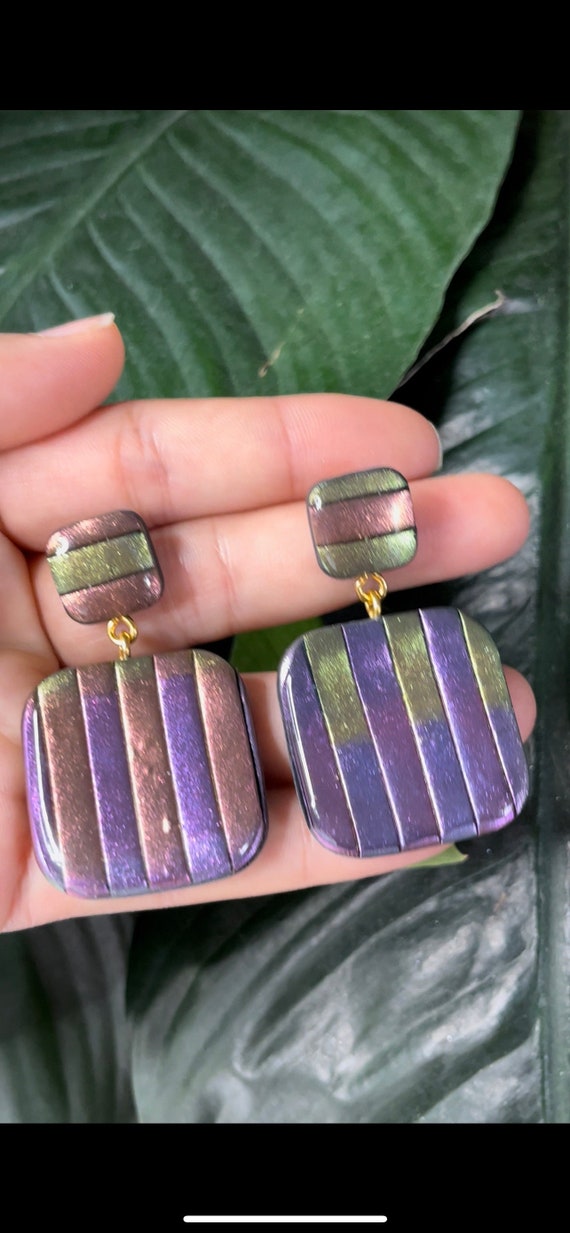 Complexed Simplicity color shift stripes Statement textured Earrings Large Clay Jewelry Gold Clay Beads