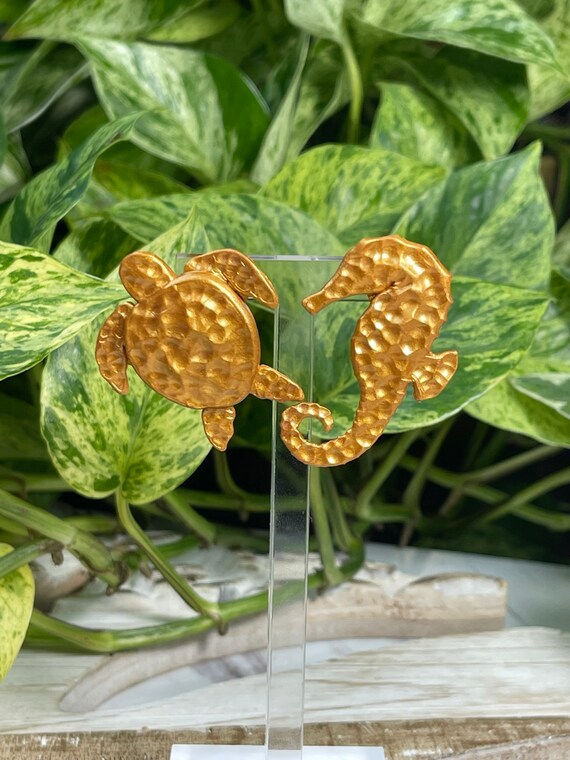 Drama Queen Sea Turtle Seahorse Stud Collection Statement Earrings Gold Crown Jewels Dangles Large Oversized hammered