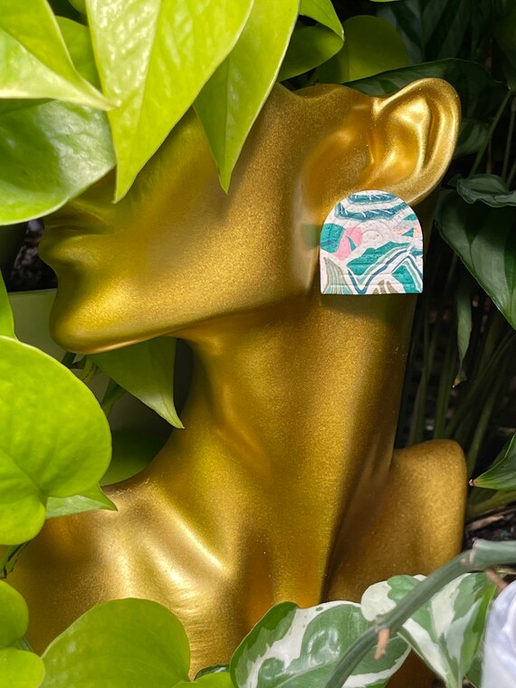 Tropical Abstract Stud Print Collection Statement Earrings Clay Jewelry cream ecru olive pink teal stud mini Color blocked