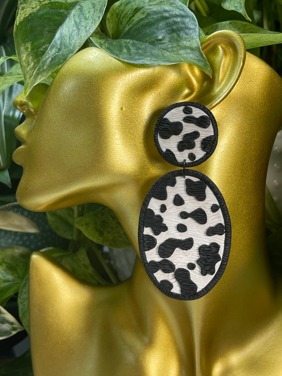 Texas Hold ‘em  Textured Cow Print Collection Hand Painted Statement Earrings Clay Handcrafted Dangles Black white country glam western