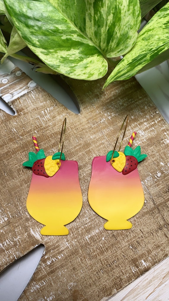 Strawberry Lemonade Drink Hoop Statement Earrings gold silver Red Yellow ombré Green