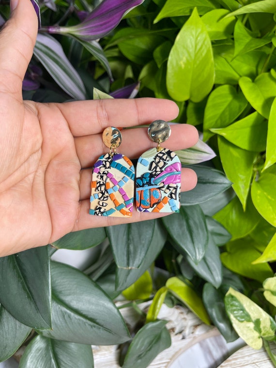 Mosaic Jungle Art Gold Stud Post Hand Cut Hypoallergenic Statement Earrings Clay Jewelry