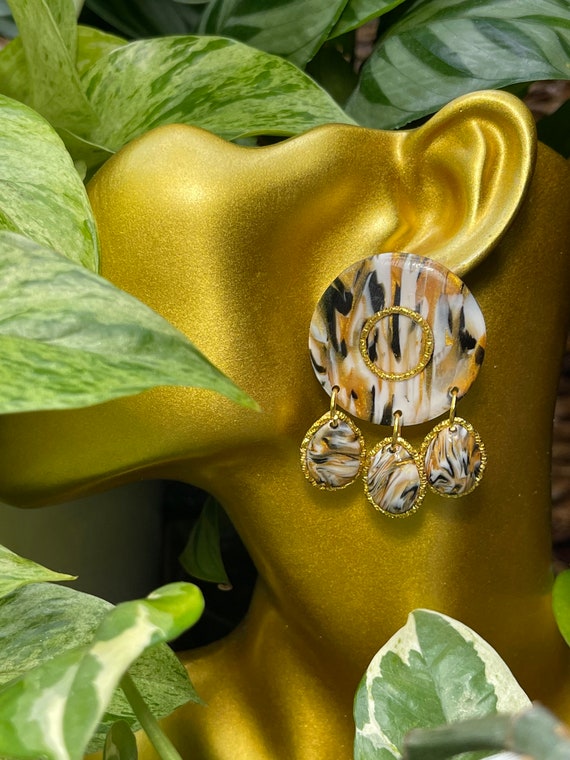 Calico Marble Dream Faux Stone Collection Circle dangles Statement Earrings Clay Lightweight Unique Black Gold Translucent Saints