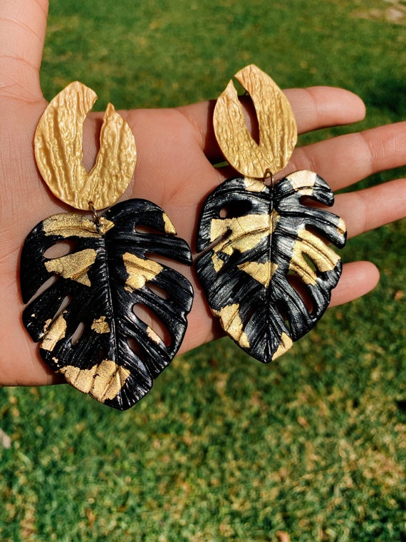 Palm Beach Monstera Big Statement Earrings Black Gold or silver Leaf Dangles