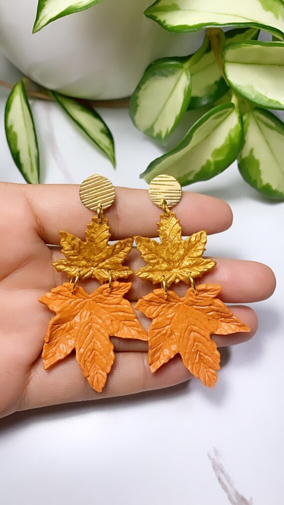 Autumn Maple Leaf Double Gold Forest Green Orange terra-cotta Statement Earrings Fall Leaves Clay hoops hooks clip ons dangle