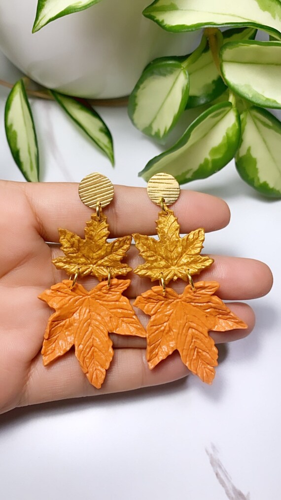 Autumn Maple Leaf Double  Gold Forest Green Orange terra-cotta Statement Earrings Fall Leaves Clay hoops hooks clip ons dangle