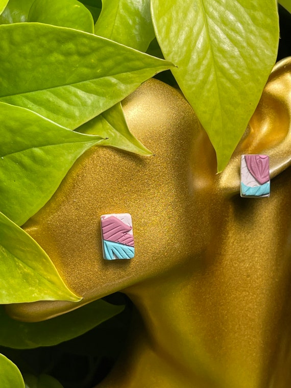 Tropical Abstract Stud Print Collection Statement Earrings Clay Jewelry cream ecru sage orange aqua pink teal stud mini Color blocked