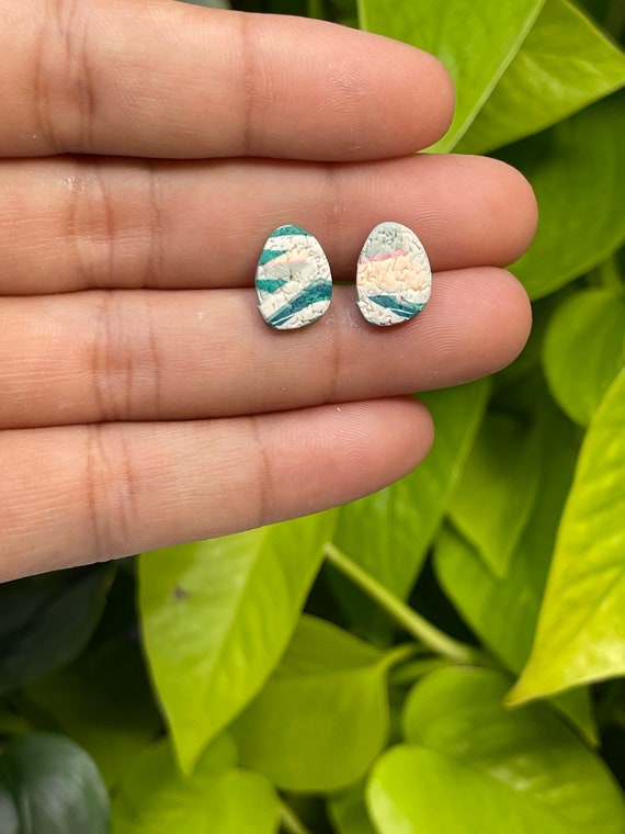 Tropical Abstract Stud Print Collection Statement Earrings Clay Jewelry cream ecru olive pink teal stud mini Color blocked