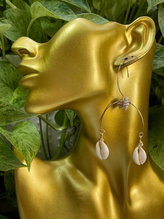 Cowrie Shell Gold Earrings Tropical Statement Dangles Fringe Handmade Bay scallop
