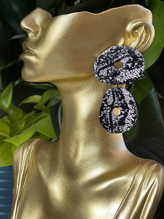 Tribal Black Cream Modern Earrings Statement Dangles organic wave Art for ears