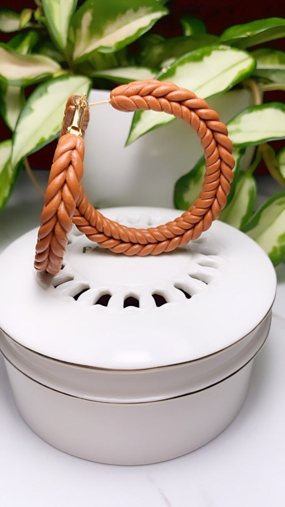Rope Braid hoops extra Large Statement Cognac rust terra cotta Earrings Fall Clay hoops olive green