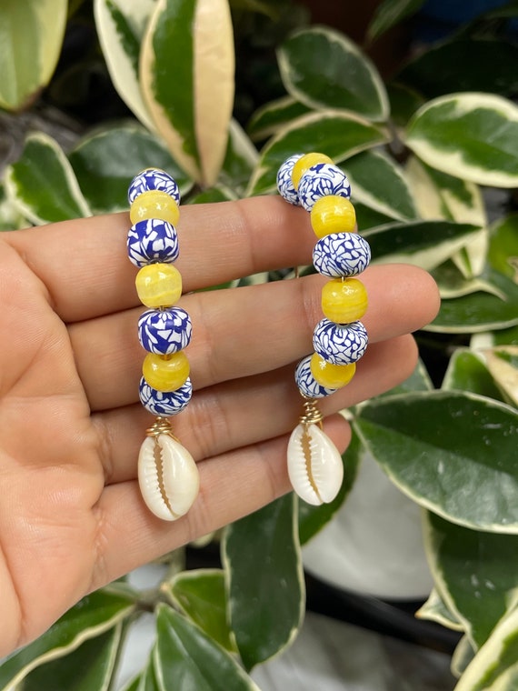 Half Hoops Lemon Yellow Blue White Cowrie Shell Gold  Beads Earrings Tropical Statement Dangles Fringe Handmade