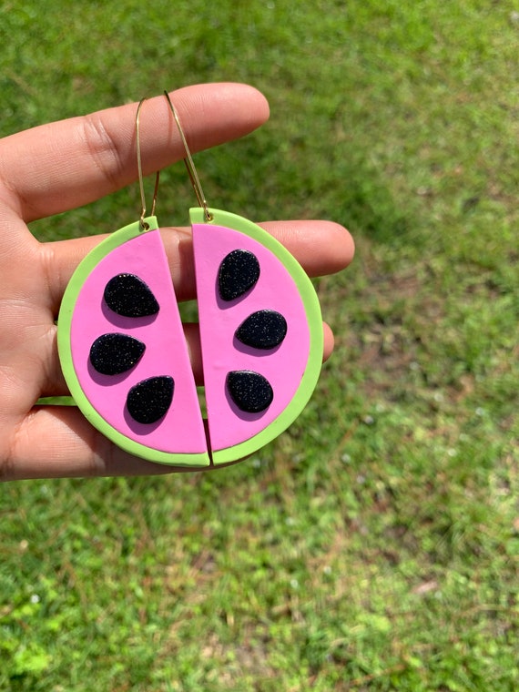 Made to order Extra Large Fruity Watermelon slice statement Earrings gold hoops silver pink green black glitter
