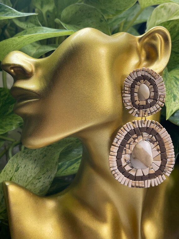 Mosaic Hand Cut neutral Earrings Statement Earrings Dangles tan brown cream