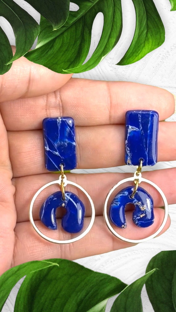Lapis Lazuli Dream Organic Collection gold Statement Earrings Clay Jewelry Lightweight Faux Gemstone