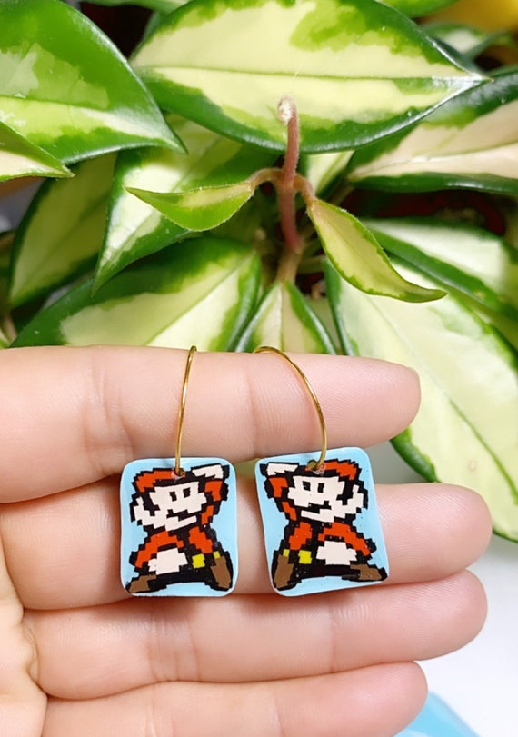 Super Mario Inspired Statement Earrings 8 bit Gamer Retro Polymer Clay Resin dangle Hoops Super Size Small hoops