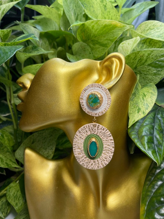 Mosaic Soutache Gem Gold Foil Earrings Statement Dangles Fringe Hand Cut Custom Stud oversized 3.5”