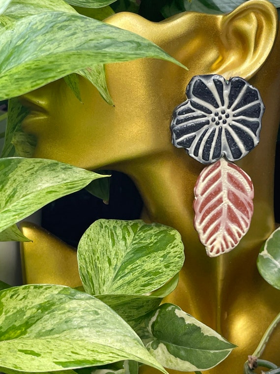 Hobo Fall Indie Floral Statement Earrings Clay Studs Dangles cream yellow teal burnt orange terra-cotta ceramic black