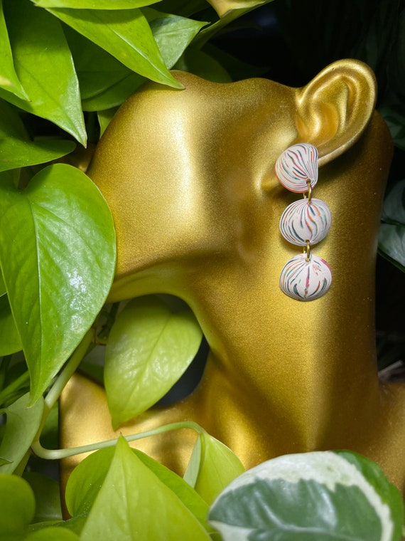 Rainbow Neutral Marbled Stripes Dangles Studs Resin Coated Statement Earrings Clay Jewelry Lightweight Unique Vintage Look
