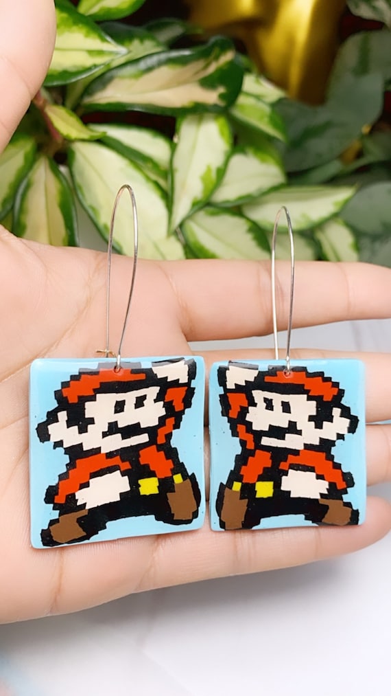Super Mario Inspired Statement Earrings 8 bit Gamer Retro Polymer Clay Resin dangle Hoops Size Large