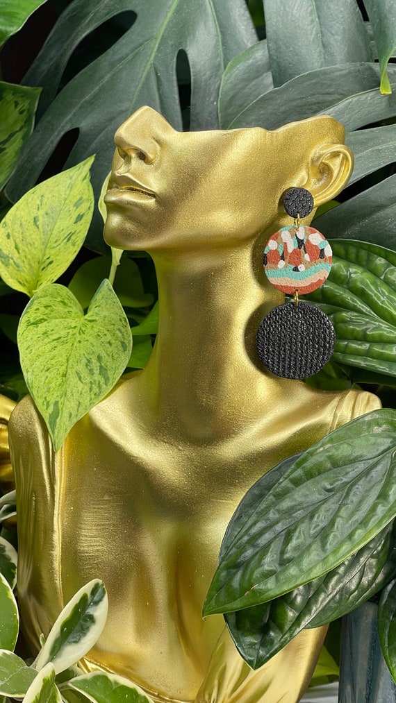 Indian Summer Collection BoHo Statement Earrings Clay Original unique Dangles Arrowhead Leaf Orange Rust Teal Yellow
