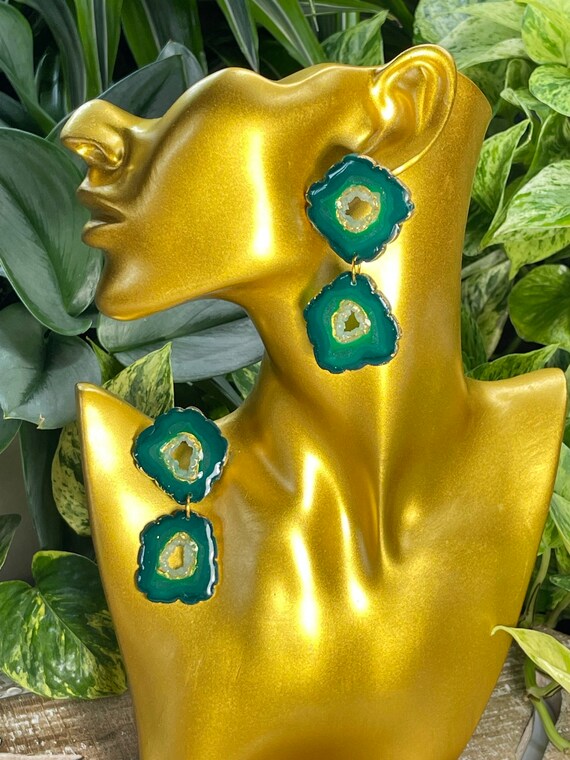 Emerald Quartz Dream 2 tier Faux Stone Collection Oversized Mega Statement Earrings Clay Jewelry Lightweight Gold Translucent Geode Agate