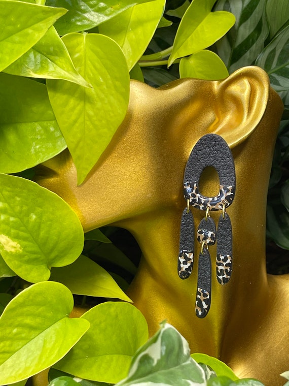 Modern Movement Dangles Rock Candy Print Collection Statement Earrings Clay Jewelry animal print Leopard cheetah black Carmel Cream studs