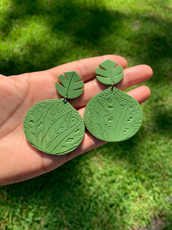 Palm Beach tropical flowerFloral Statement Earrings Clay Original unique spring Dangles monstera