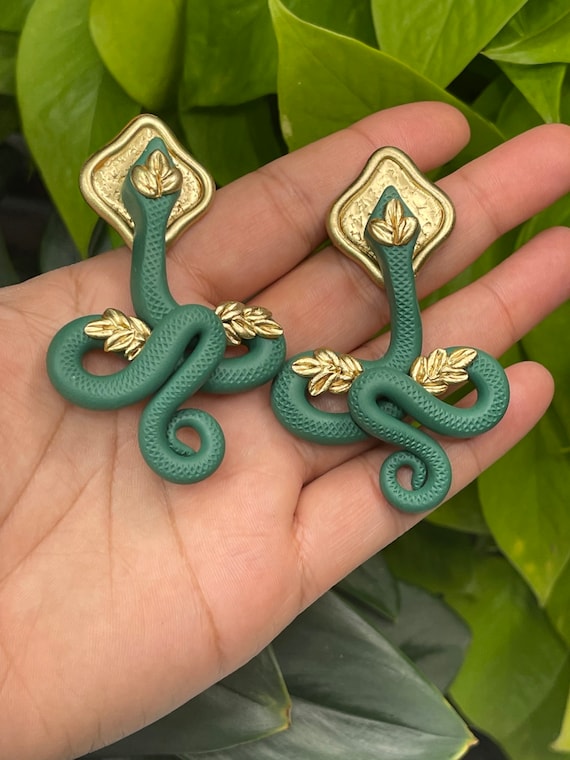 Jungle Slithereens Statement Earrings Large Silver Gold Post serpent snake Python Green Gold studs boho