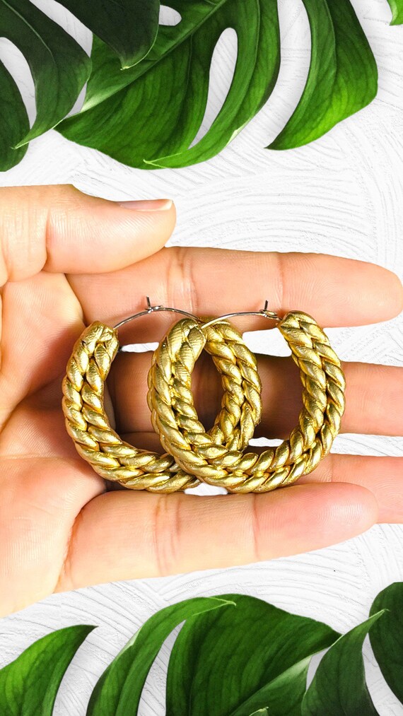 Rope Braid hoops large 18Kt Gold painted Statement Gold Earrings Clay hoops  knit crochet