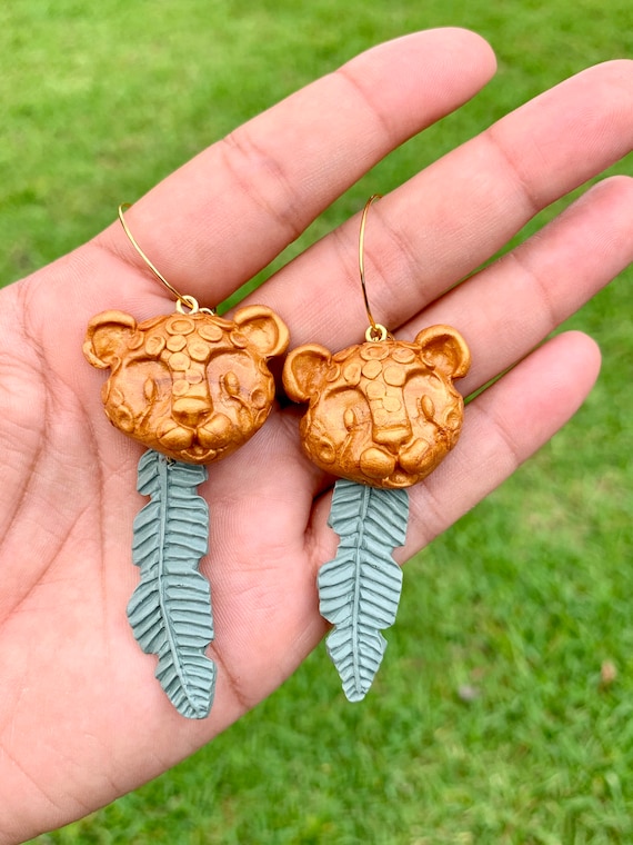 Custom Pre Order Listing Jungle Cat Statement Earrings Antique Gold Leopard Leaf