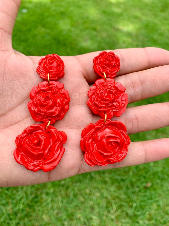 Floral Arrangement Rose large dangles statement Earrings red drop gold